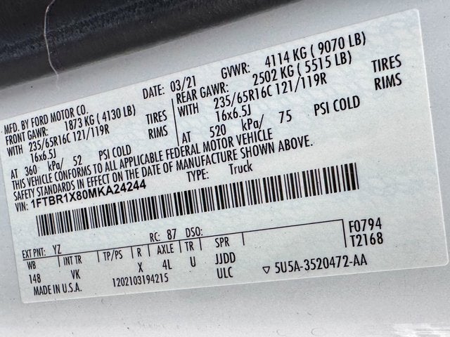 2021 Ford Transit Cargo Van T-250 148" Hi Rf 9070 GVWR RWD